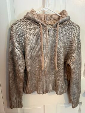 Rachel Zoe Metallic Knit Zip Hoodie in Beige and Silver